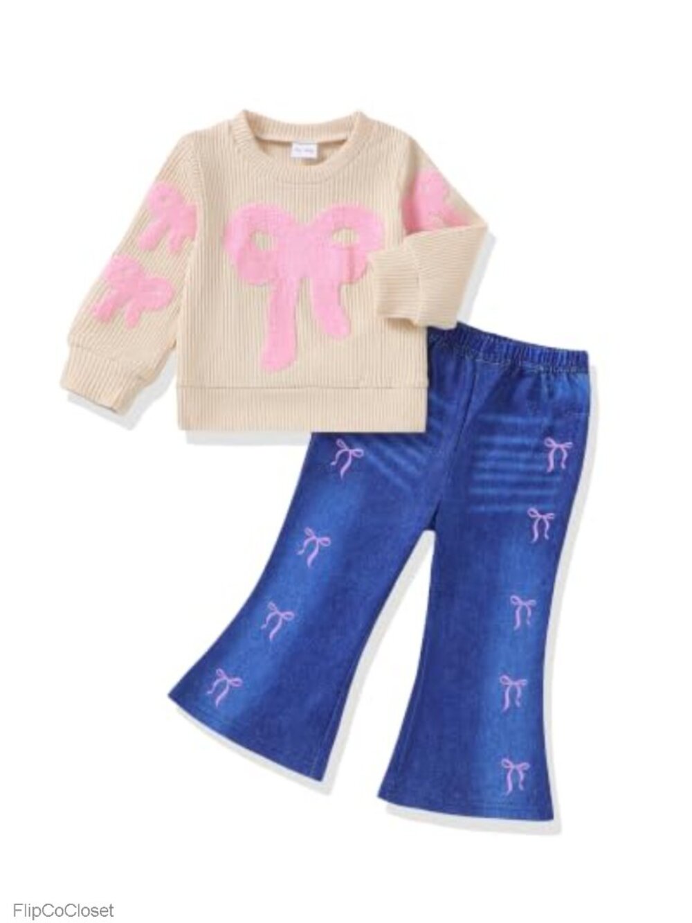 Toddler Girl 2-Piece Outfit Faux Denim Flare Pants Sweatshirt Set